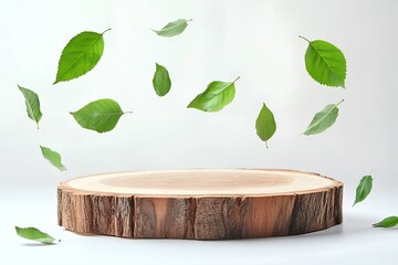 wooden podium with green flying leaves and white background showcases a new product, promotion sale, banner, and presentation in a studio with an empty wooden stand.