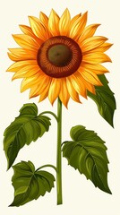 Fototapeta premium Yellow sunflower with green leaves vector illustration