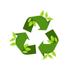 Recycle sign isolated on white background. Green recycling symbol with arrows and leaf. Environment.