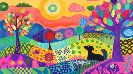 Colorful Abstract Landscape with a Dog and Trees in a Yellow Sky