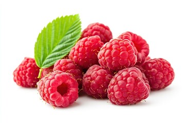 Ripe raspberries with leaf isolated on a white background, ai