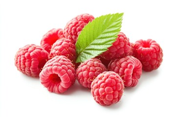 Ripe raspberries with leaf isolated on a white background, ai