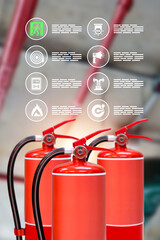 Fire extinguisher with prevent icons for protection or prepare fire equipment for prevention in emergency case and safety or rescue and alarm system training concept.