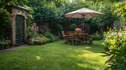 Obraz premium London garden in summer with patio, wooden garden furniture and a parasol or sun umbrella
