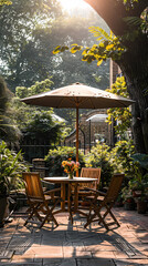Fototapeta premium London garden in summer with patio, wooden garden furniture and a parasol or sun umbrella