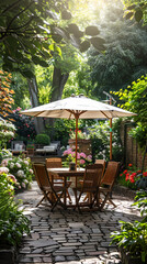 Fototapeta premium London garden in summer with patio, wooden garden furniture and a parasol or sun umbrella