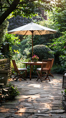 Obraz premium London garden in summer with patio, wooden garden furniture and a parasol or sun umbrella