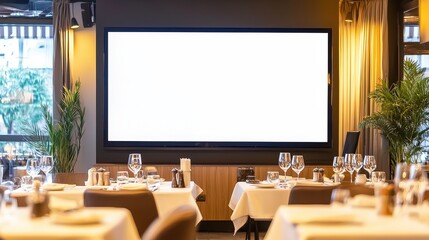 Modern Restaurant Interior with Blank Screen and Tables Set for Dinner