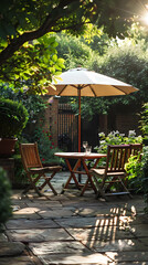 Obraz premium London garden in summer with patio, wooden garden furniture and a parasol or sun umbrella
