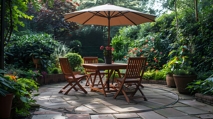 Obraz premium London garden in summer with patio, wooden garden furniture and a parasol or sun umbrella