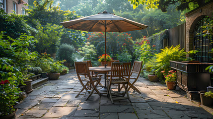 Obraz premium London garden in summer with patio, wooden garden furniture and a parasol or sun umbrella