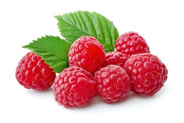 Ripe raspberries with leaf isolated on a white background, ai