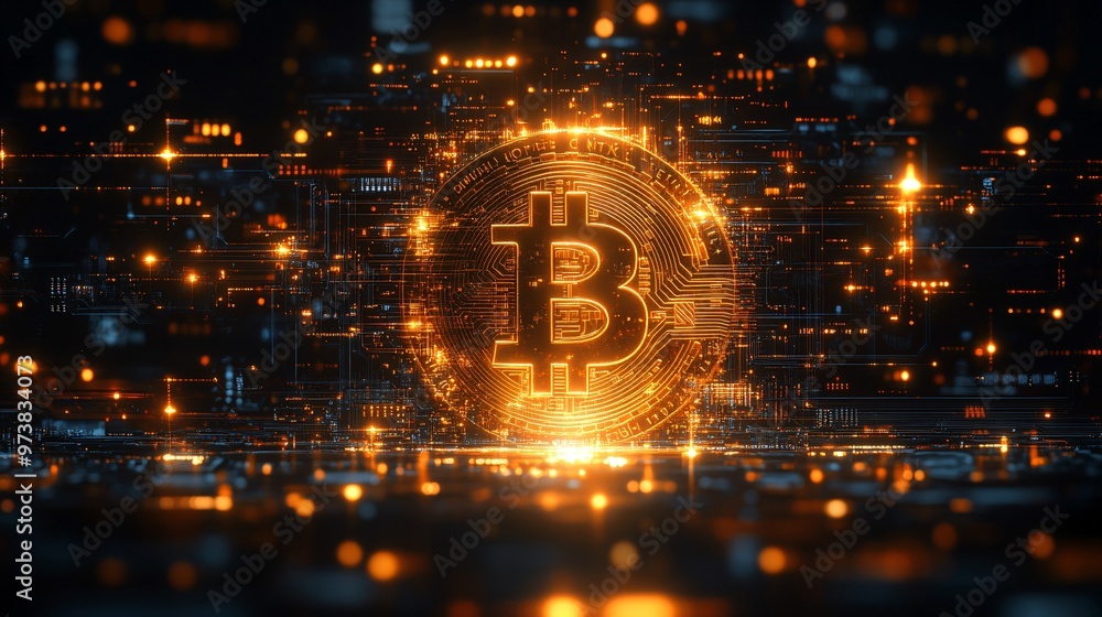 Poster digital bitcoin coin on abstract circuit board background