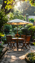 Obraz premium London garden in summer with patio, wooden garden furniture and a parasol or sun umbrella