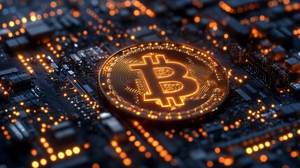 Bitcoin Cryptocurrency on Circuit Board