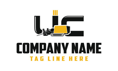 Letter UC Machine Fiber Optic underground horizontal drilling laying machine logo design excavator heavy equipment . logo desain .