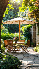 Obraz premium London garden in summer with patio, wooden garden furniture and a parasol or sun umbrella