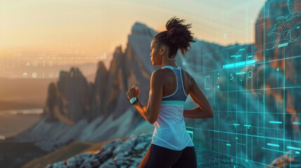 Fototapeta premium Optimizing Performance: Athlete Utilizing Wearable Tech for AI-Driven Insights Outdoors