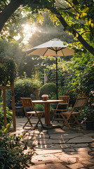 Obraz premium London garden in summer with patio, wooden garden furniture and a parasol or sun umbrella