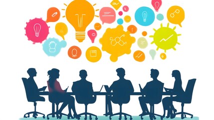 Silhouettes of People Sitting at a Table with Light Bulb Ideas Above Them