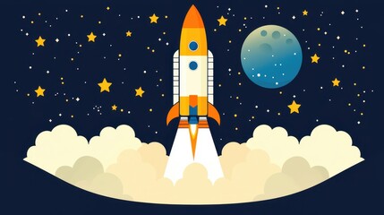 Rocket Launching Into Space With Stars And Moon