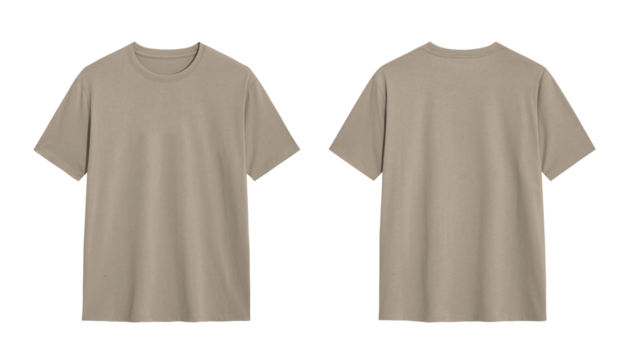 Front and back view of plain beige t shirt mockup, isolated on white background for design presentations