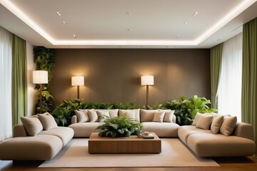 modern living room with sofa and tropical plotted plants