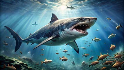 Fototapeta premium A massive prehistoric shark, with razor-sharp teeth and a powerful tail, swims through a murky ocean, its enormity