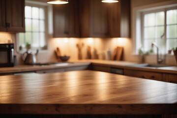 a blurred cozy kitchen interior with a kitchen table neatly arranged with utensils, surrounded by shelves and cabinets in the background 