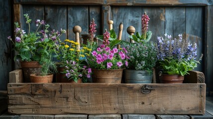 Fototapeta premium gardening and planting concept - garden tools, wooden box and flowers in pots at summer