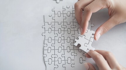 Close-up of hands putting the final piece of a white jigsaw puzzle.