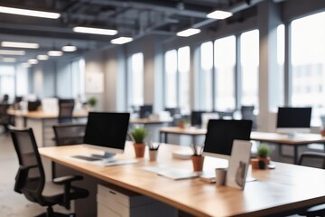 An interior office scene featuring a desk, computer, laptop and surrounding furnishings