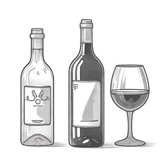 Vector set of wine bottles and glasses isolated on white background in one line art style
