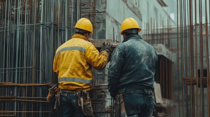Construction crew working together on a complex construction job, showcasing their expertise
