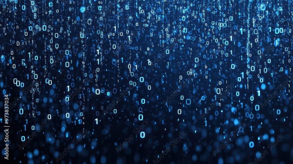 Poster abstract digital binary code rain background blue neon s and s