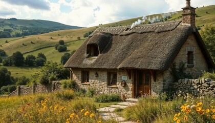 A charming rustic countryside cottage set in a lush, rolling landscape.