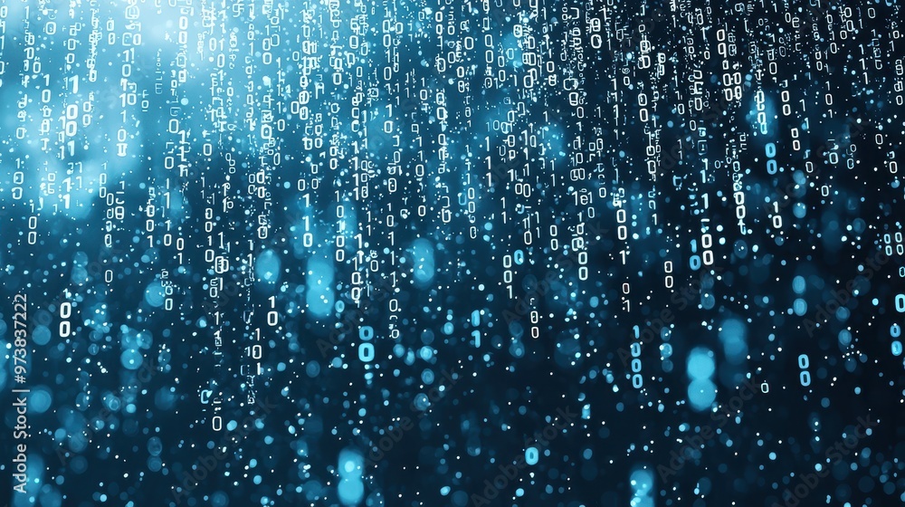 Poster binary code digital rain blue background abstract
