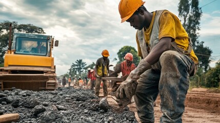 Construction workers in rural areas, building essential infrastructure with limited resources