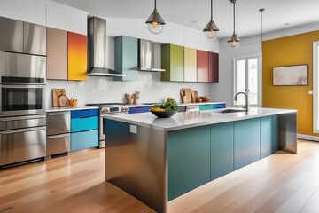 Modern kitchen and living room interior featuring a colorful, stylish furniture, and contemporary design elements in a cozy home setting