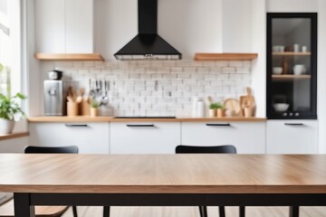 a cozy kitchen interior with a kitchen table neatly arranged with utensils, surrounded by shelves and cabinets in the background