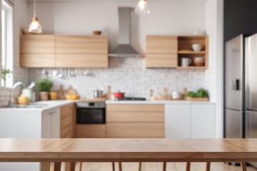 a cozy kitchen interior with a kitchen table neatly arranged with utensils, surrounded by shelves and cabinets in the background