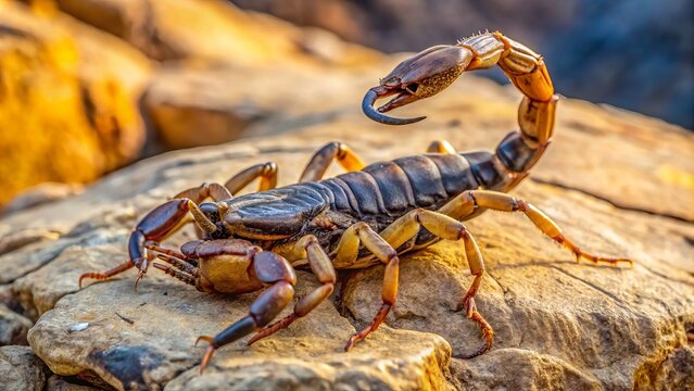 A menacing Deathstalker scorpion, also known as Leiurus quinquestriatus, is perched atop a rocky outcropping, its