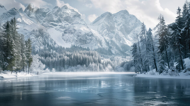 Winter landscape with snow-covered mountains and frozen lake