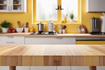 Modern kitchen interior featuring stylish furniture and a sleek design with yellow wooden elements and glass accents in a light-filled room