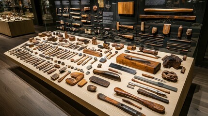 Ancient Wooden Tools and Implements Display in Museum Exhibit