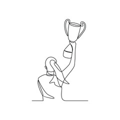 One continuous line drawing of the people hold the cup after winning competition vector illustration. Sport themes design in simple continuous line vector concept. Good asset for education purpose.