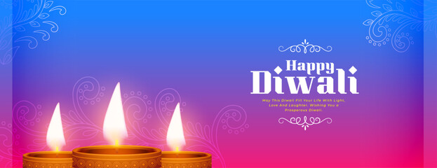 decorative happy diwali greeting wallpaper. realistic glowing diya