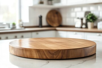 Empty beautiful round wood tabletop counter on interior in clean and bright kitchen background, Ready for display, Banner, for product montage ,  ai