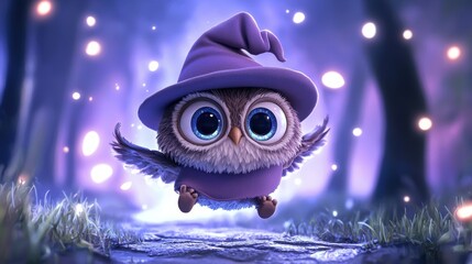 Fototapeta premium Cute Owl Wearing Witch Hat