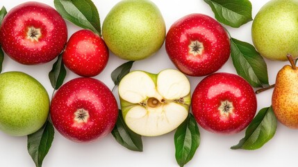 Red and Green Apples with Leaves on White Background